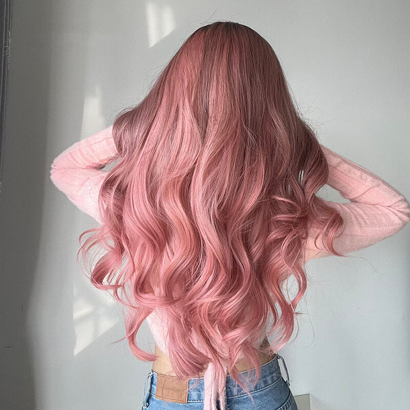 Pink gradient wigs long curly hair medium-parted wig headgear