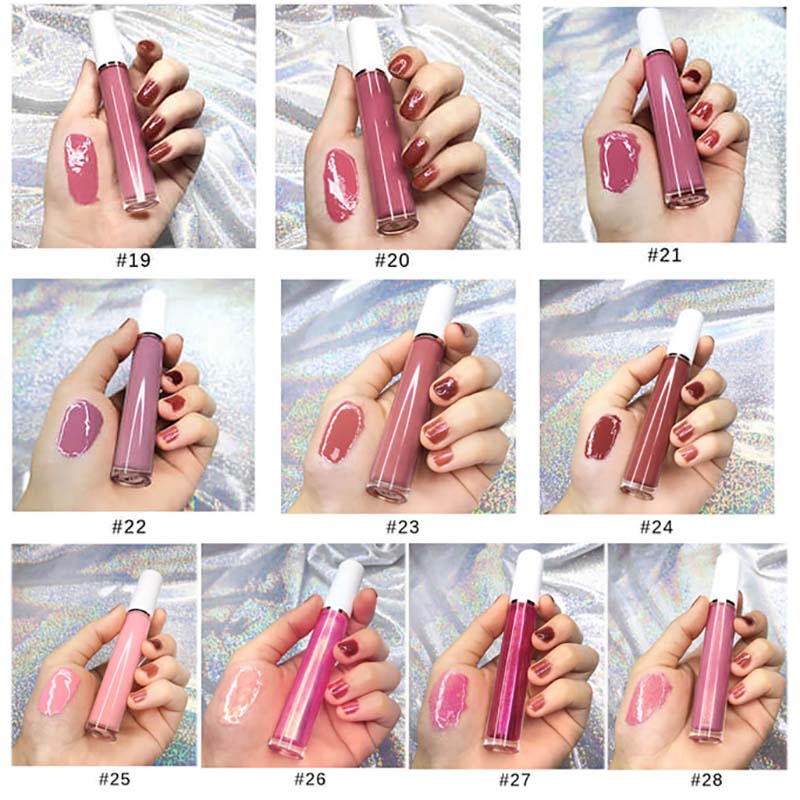 64 colors lip gloss high pigmented nude shiny vegan no logo white tube