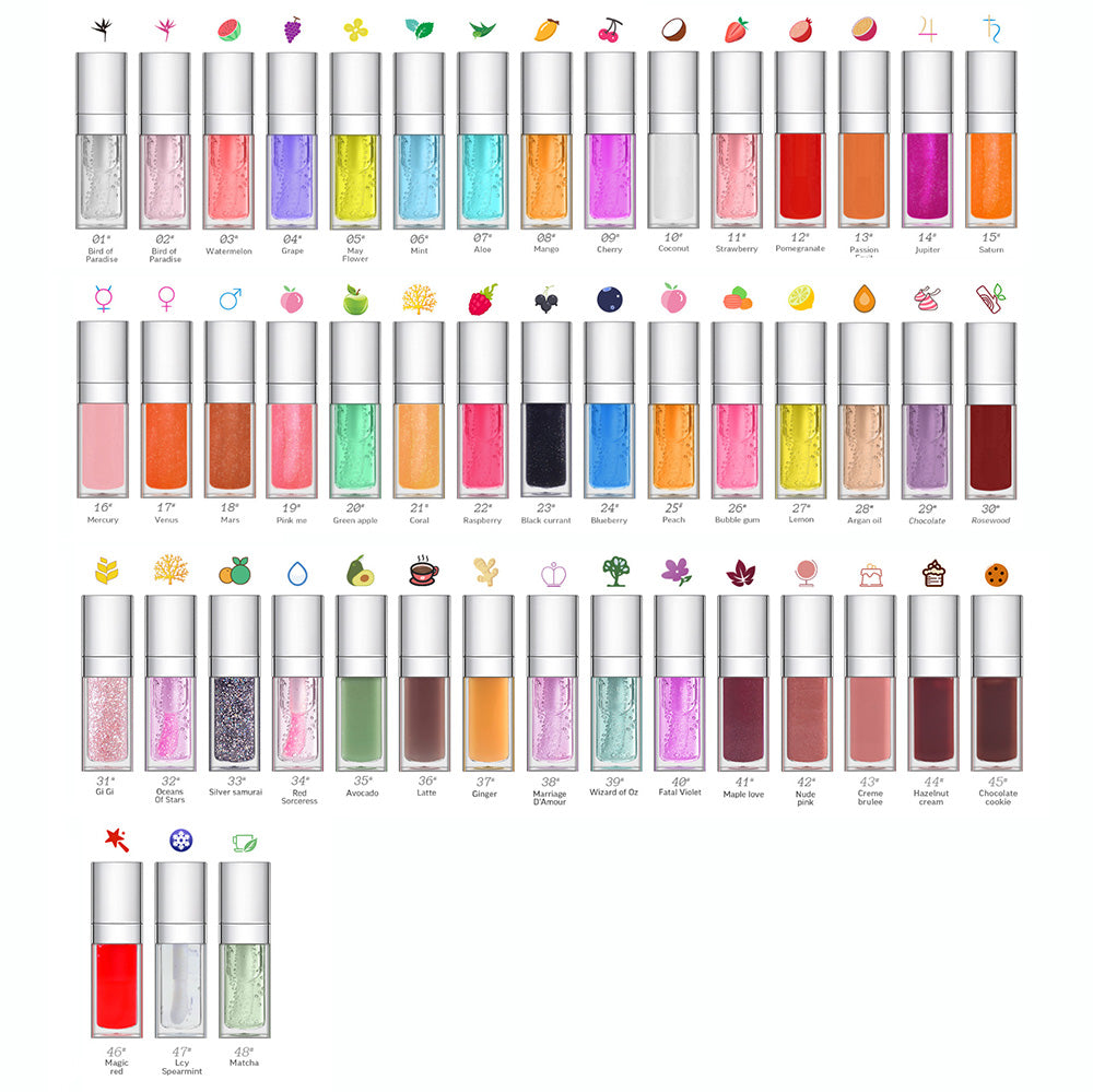 48 Colors Lip Oil Fruit Lip Gloss Lip Plumping Oil Vegan Moisturizing Silver-Plated Tube