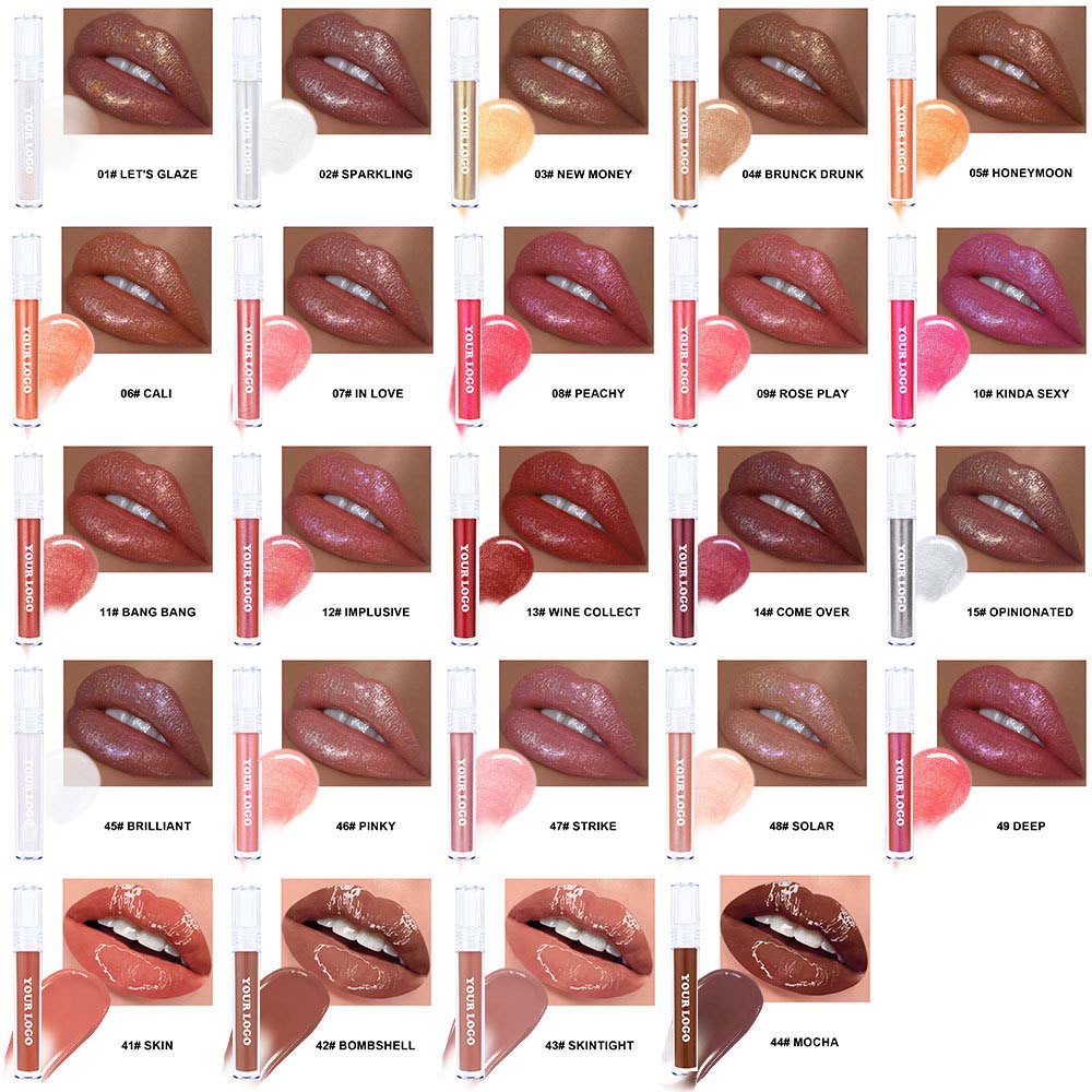 49 Color Nude Lip Gloss High Pigmented Lip Glaze Shimmer Vegan White Tube