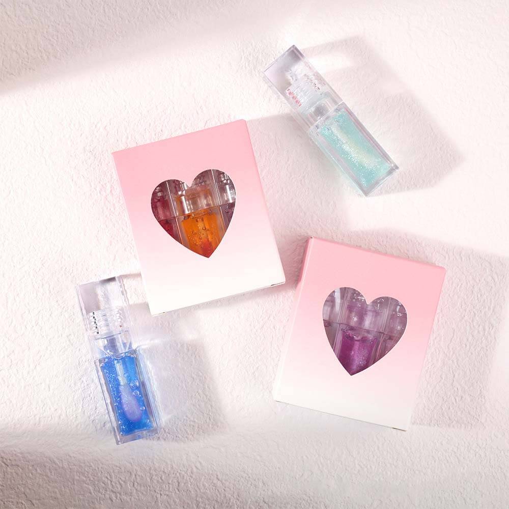 3-Piece Plumping Lip Oil Set Color Change Hydrating Shine Lip Gloss Heart-Shaped Box