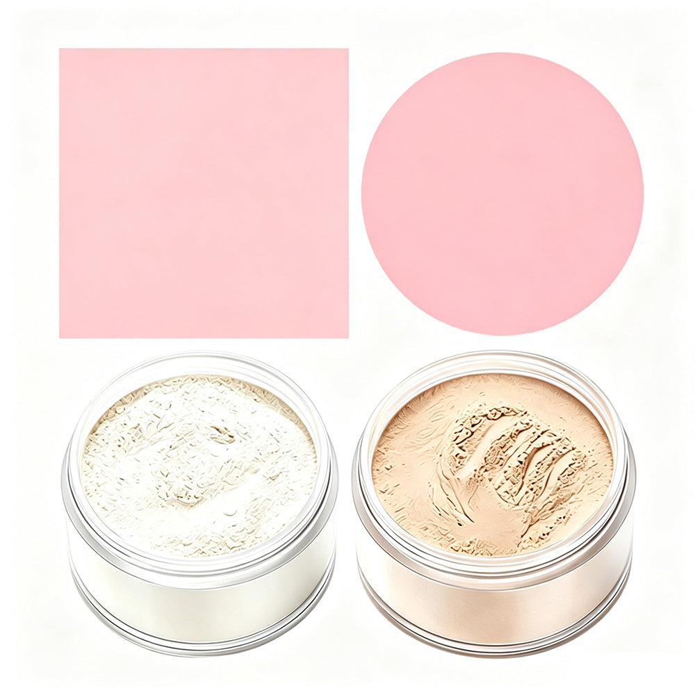 Poudre libre fixante rose matifiante, 6 teintes, avec houppette. 