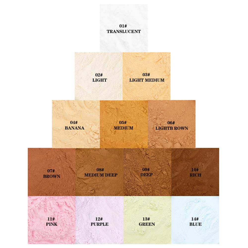 Poudre libre fixante rose matifiante, 6 teintes, avec houppette. 