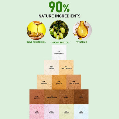 Poudre libre fixante rose matifiante, 6 teintes, avec houppette. 