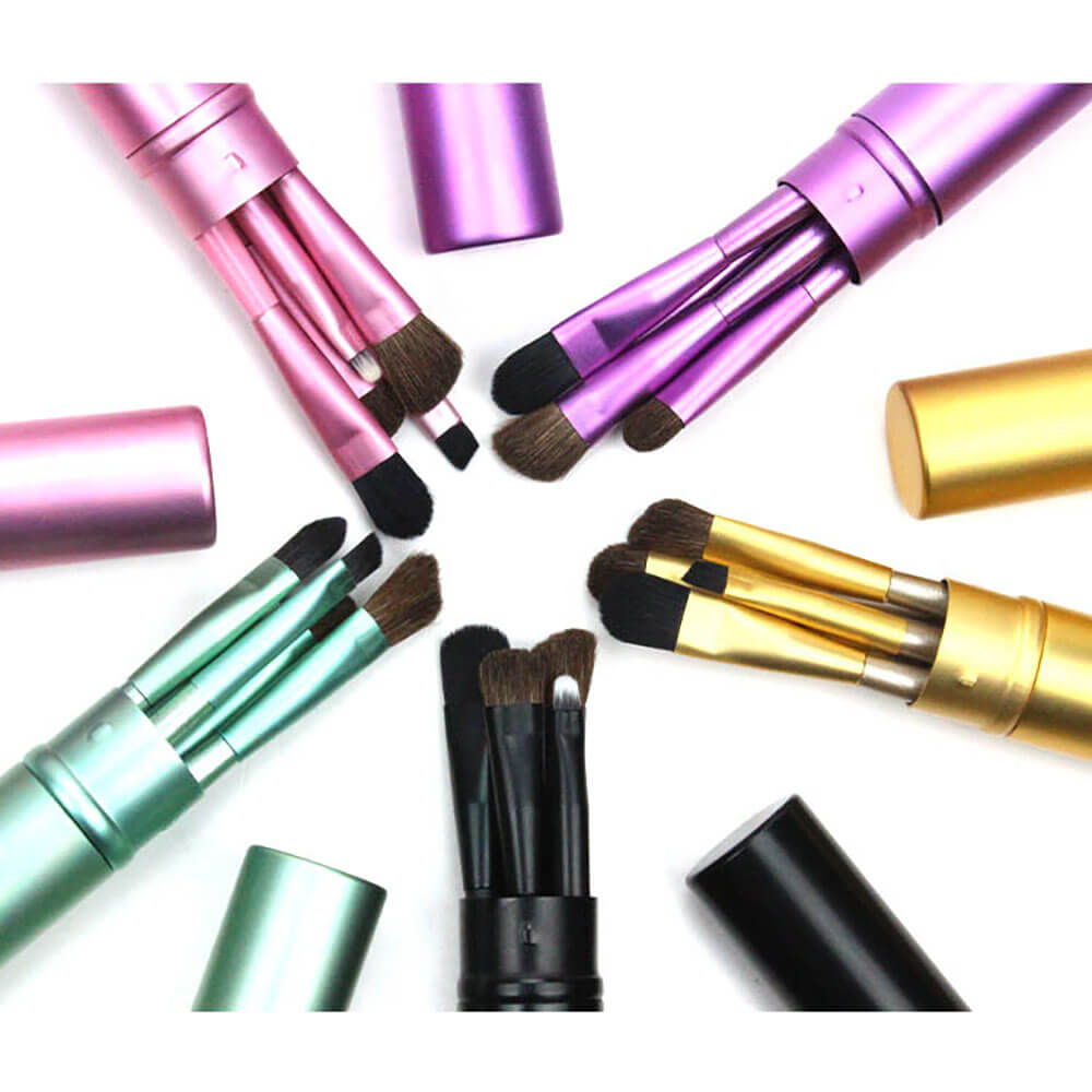 5 color makeup brush set horsehair with aluminum handles and storage tube