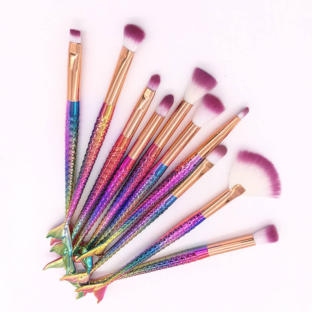 10-piece mermaid tail makeup brush set colorful 3D soft brushes beauty tools