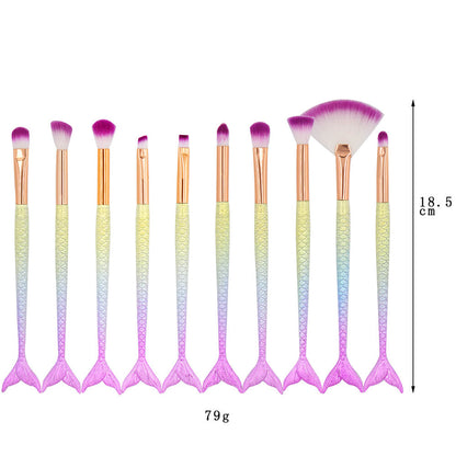 10-piece mermaid tail makeup brush set colorful 3D soft brushes beauty tools