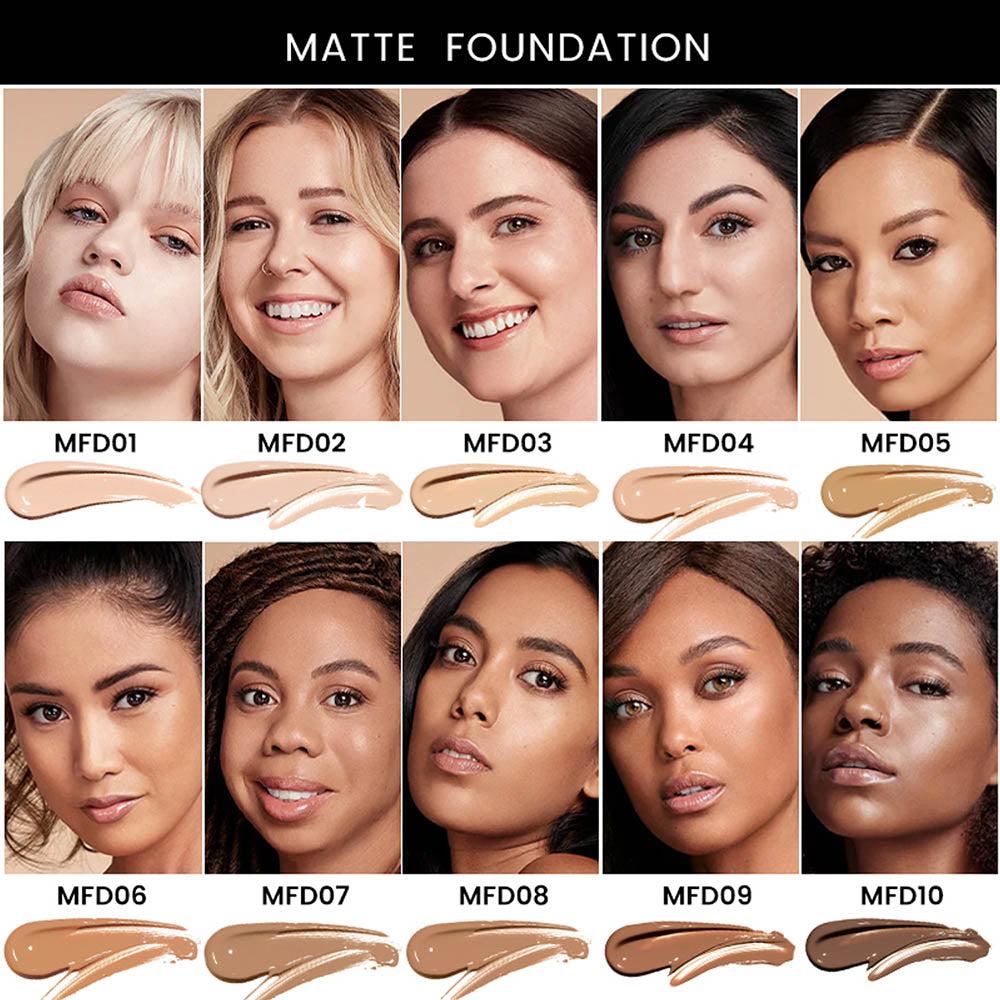 10 Color Liquid Foundation Full Coverage Matte Waterproof All Skins Gold Tube