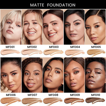 10 Color Liquid Foundation Full Coverage Matte Waterproof All Skins Gold Tube