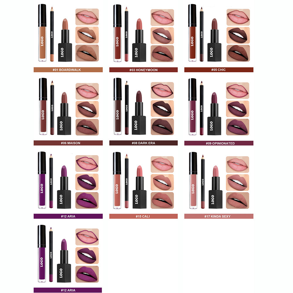 10 Color 3 In 1 Lip Set Matte Lipstick & Lip Stain & Lip Liner Gift Kits