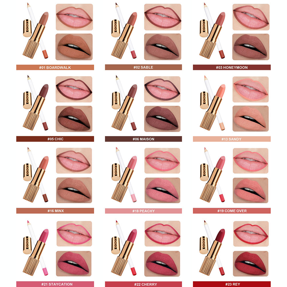 Kit pour les lèvres 2 en 1 de 12 couleurs : rouge à lèvres liquide mat, rouge à lèvres crème et crayon à lèvres.