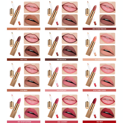 Kit pour les lèvres 2 en 1 de 12 couleurs : rouge à lèvres liquide mat, rouge à lèvres crème et crayon à lèvres.