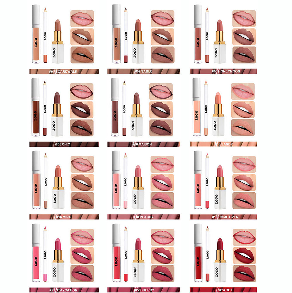 12 Color 3 In 1 Lip Set Matte Liquid Lipstick Cream Lipstick Lip Liner Gift Kit