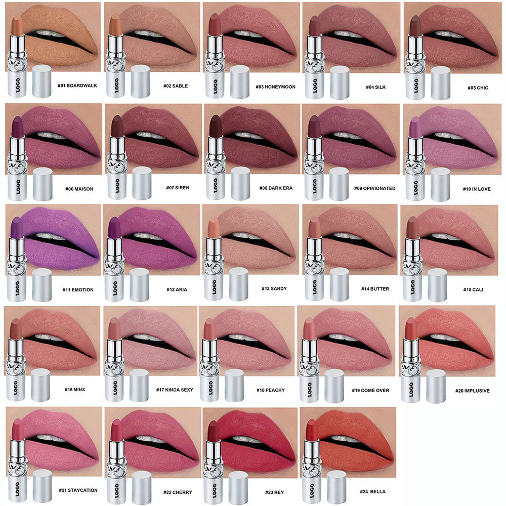 Rouge à lèvres crème mat longue tenue, 24 teintes, tube argenté