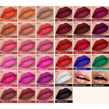 34-Color Matte Liquid Lipstick Non-Stick Transfer-Proof Long Lasting