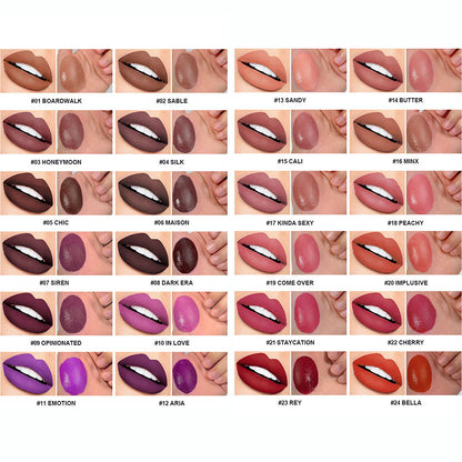 24 Color Matte Liquid Lipstick Long Lasting Waterproof Not Stick White Tube