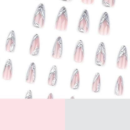 French 3D nail patch silver press on nails removable nail sheet 24pcs
