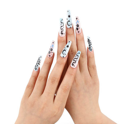 Press on nails long coffin blue false nails with snake design