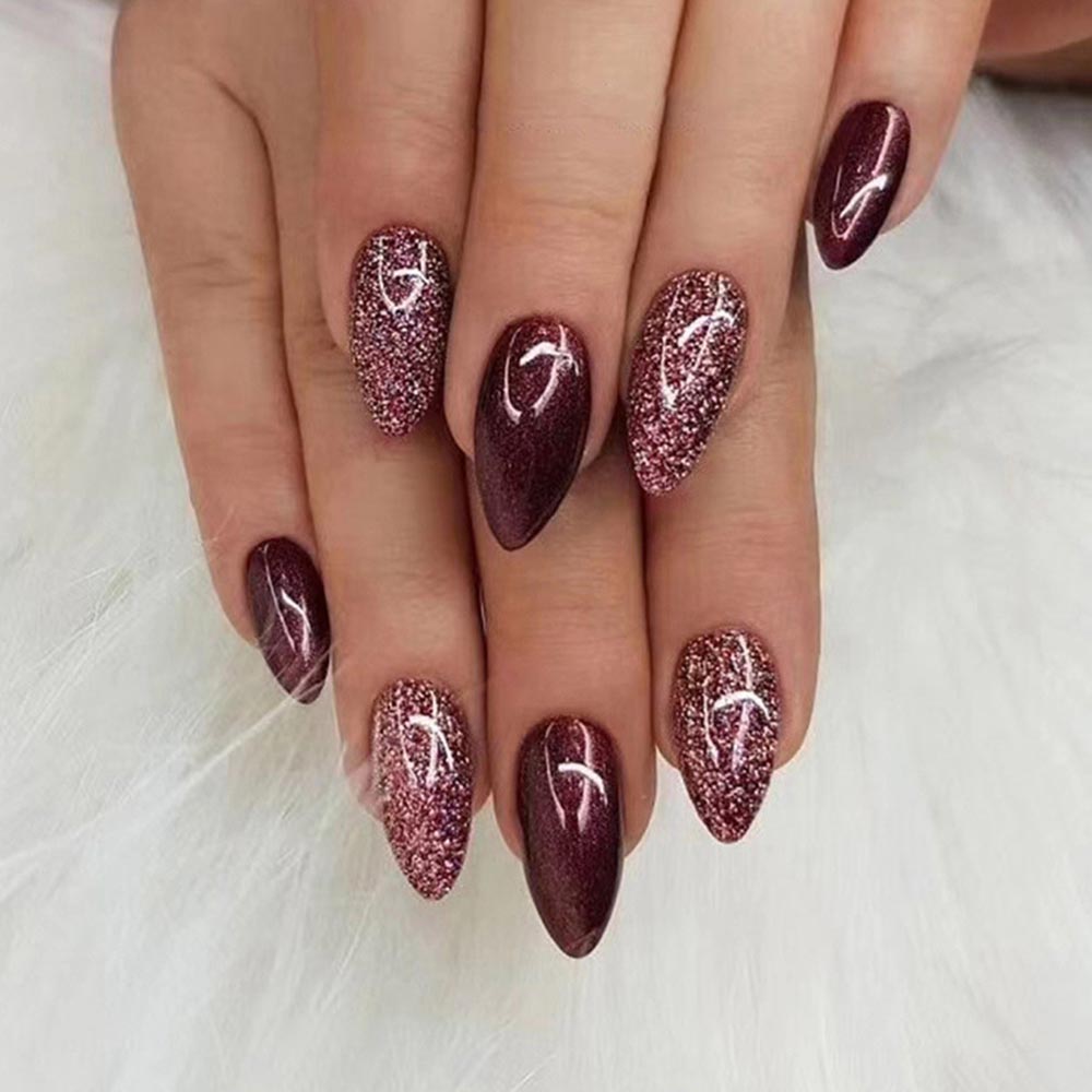 Dark Reddish-brown Press On Nails Sparkly Manicure Nail Patch Fashion 24-piece