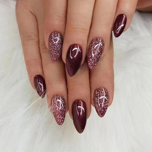 Dark Reddish-brown Press On Nails Sparkly Manicure Nail Patch Fashion 24-piece