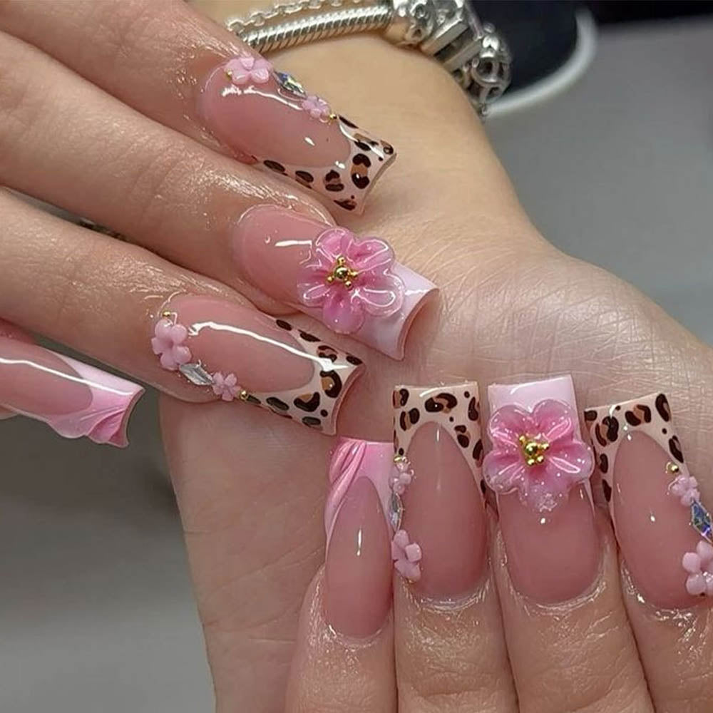 Leopard Print Nail Art French 3D Flower Nail Patch Nail Pieces Detachable 24-Piece