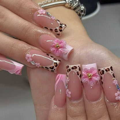 Leopard Print Nail Art French 3D Flower Nail Patch Nail Pieces Detachable 24-Piece