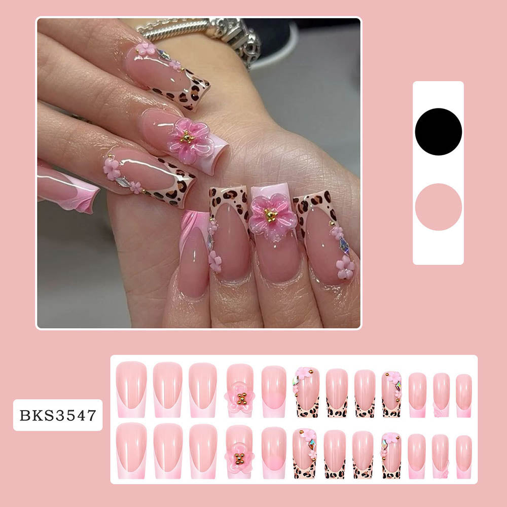 Leopard Print Nail Art French 3D Flower Nail Patch Nail Pieces Detachable 24-Piece