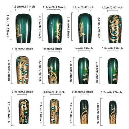 Manicure Dark Green Gold-plated Nail Patches Diamond-studded Nail Art 24-piece