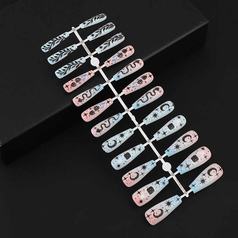 Press on nails long coffin blue false nails with snake design