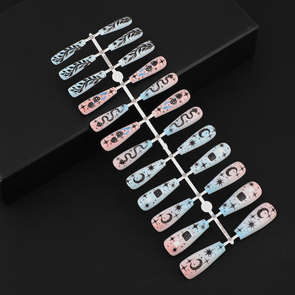 Press on nails long coffin blue false nails with snake design