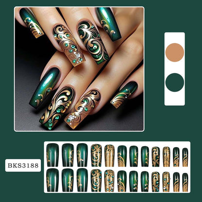 Manicure Dark Green Gold-plated Nail Patches Diamond-studded Nail Art 24-piece