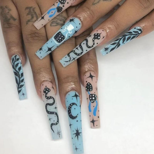 Press on nails long coffin blue false nails with snake design
