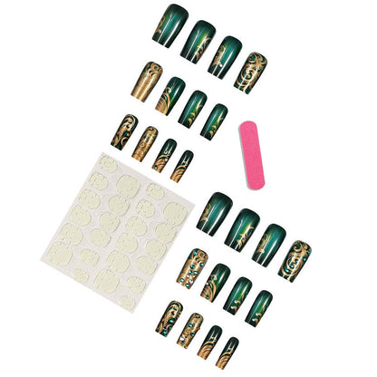 Manicure Dark Green Gold-plated Nail Patches Diamond-studded Nail Art 24-piece