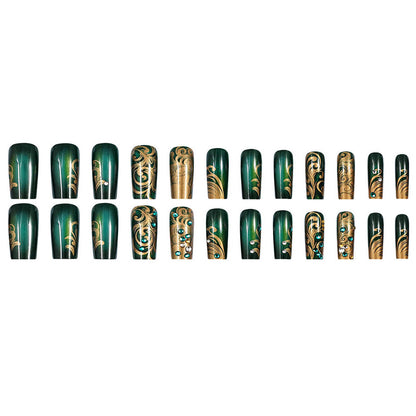 Manicure Dark Green Gold-plated Nail Patches Diamond-studded Nail Art 24-piece