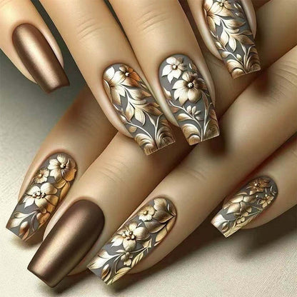 Brown Gradient Flower Wearable Nail Stickers Wholesale Manicure Nail Tips Patch