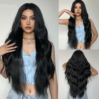 Lady wigs long curly black matte high-temperature silk wig full headgear