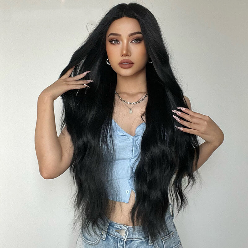 Lady wigs long curly black matte high-temperature silk wig full headgear