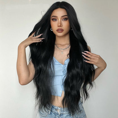 Lady wigs long curly black matte high-temperature silk wig full headgear