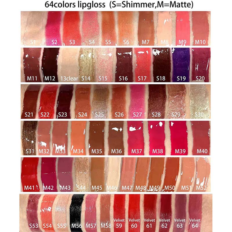 64 color lip gloss nude shimmer high pigmented vegan mirror tube