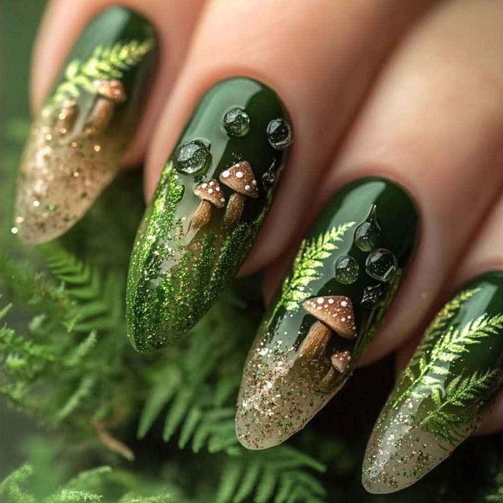 Press On Nails Green Deep Forest Mushrooms Detachable Nails Manicure Patch