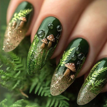 Press On Nails Green Deep Forest Mushrooms Detachable Nails Manicure Patch