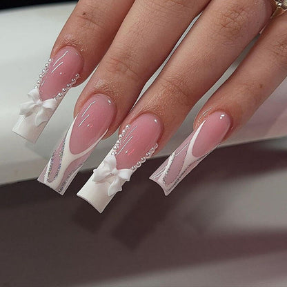 Long nail art pearl bow wear nail patch press on nails 24pcs