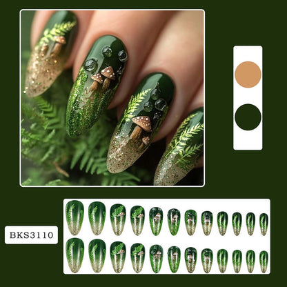 Press On Nails Green Deep Forest Mushrooms Detachable Nails Manicure Patch