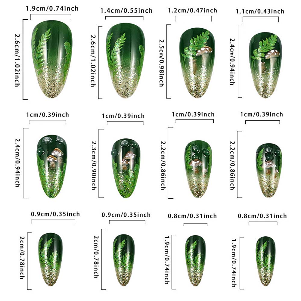 Press On Nails Green Deep Forest Mushrooms Detachable Nails Manicure Patch