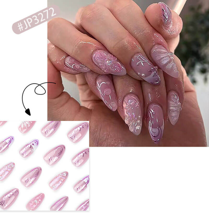 Handmade nail patch 3D manicure fake nails flower pearls 24pcs