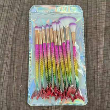 10-piece mermaid tail makeup brush set colorful 3D soft brushes beauty tools