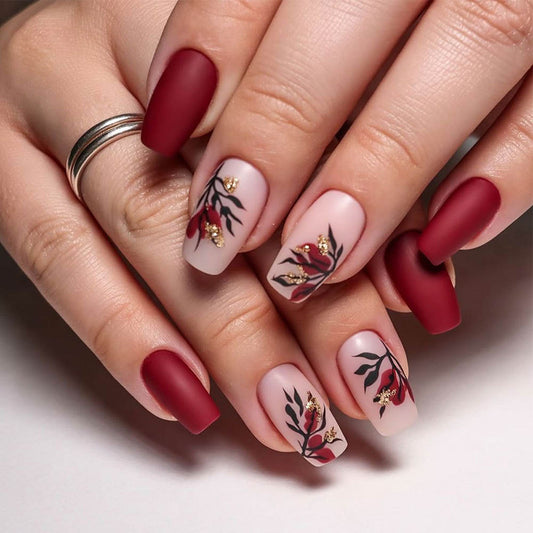 Red Frosted Flower Style Manicures Matte Nail Art Pieces Detachable Fake Nails