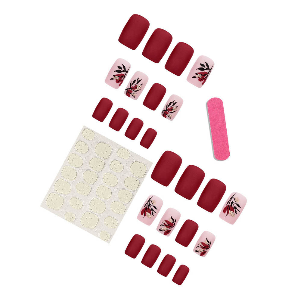 Red Frosted Flower Style Manicures Matte Nail Art Pieces Detachable Fake Nails