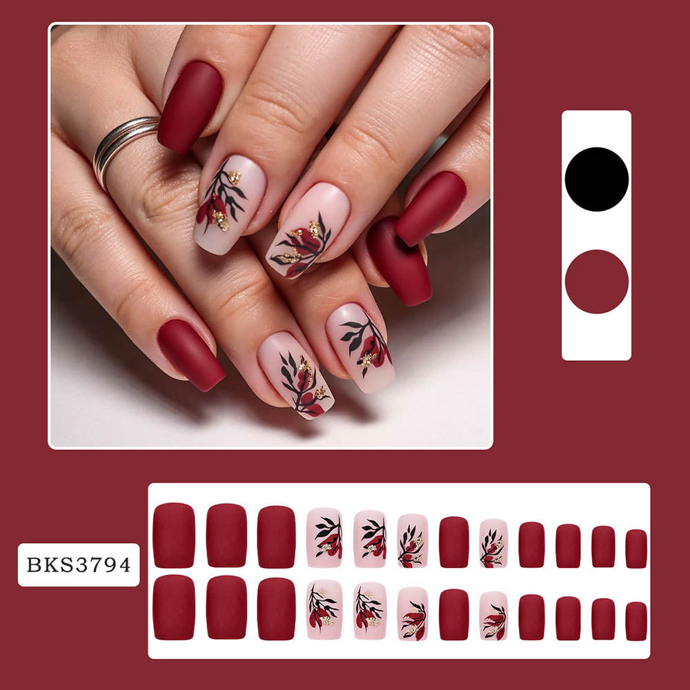 Red Frosted Flower Style Manicures Matte Nail Art Pieces Detachable Fake Nails