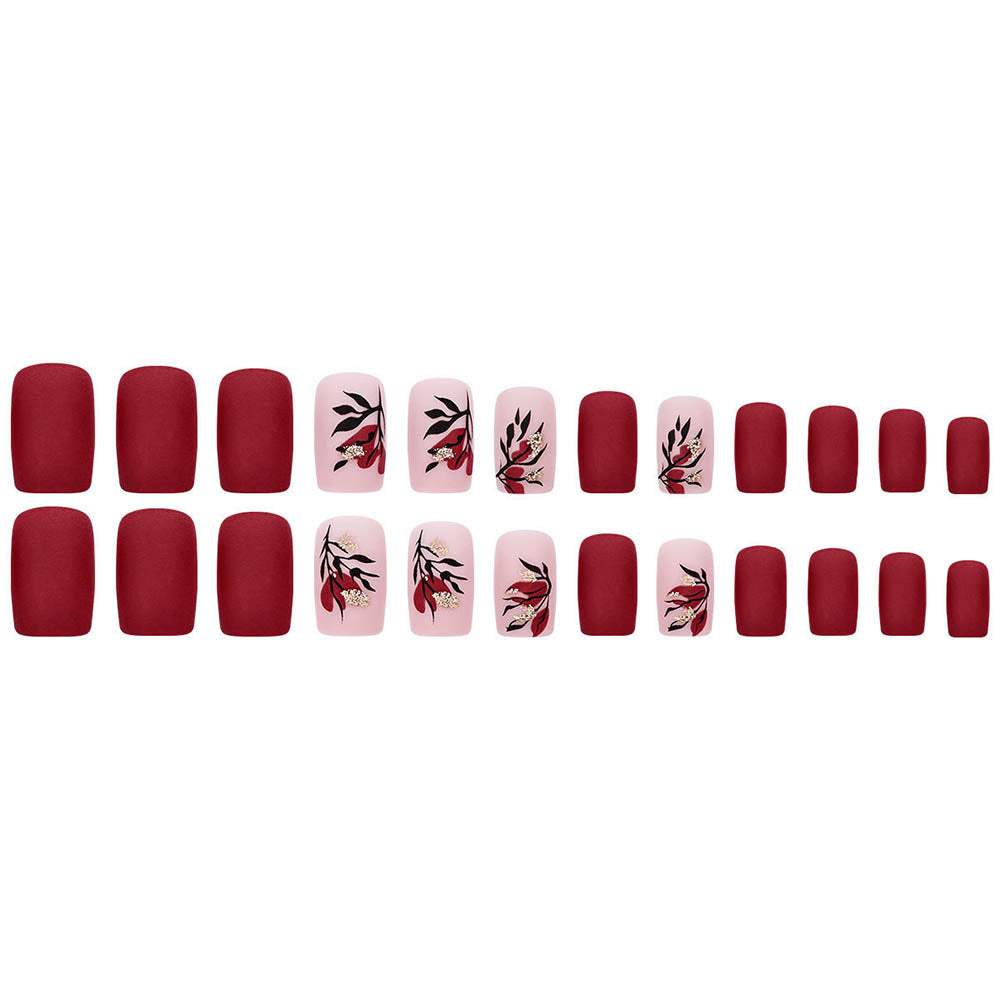Red Frosted Flower Style Manicures Matte Nail Art Pieces Detachable Fake Nails